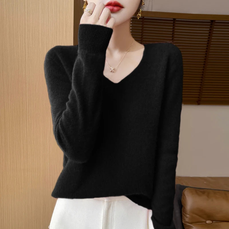 Fashion Pullover 100% Merino Wool Women Sweater V-Neck Long Sleeve Basic Jumper Spring Autumn Winter Clothing Knitwear Tops