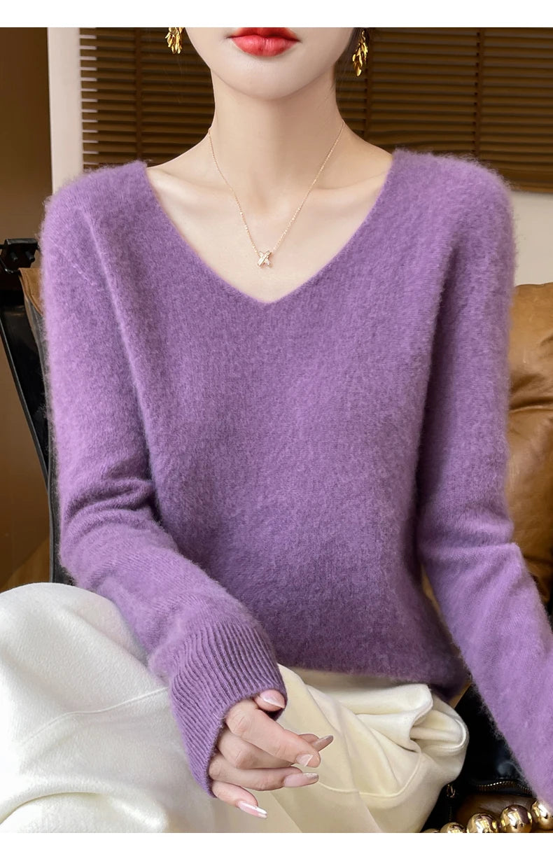 Fashion Pullover 100% Merino Wool Women Sweater V-Neck Long Sleeve Basic Jumper Spring Autumn Winter Clothing Knitwear Tops