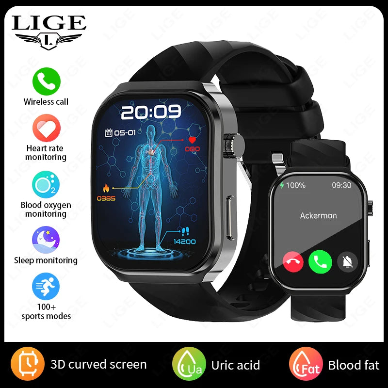 LIGE ECG+PPG AI Medical Diagnosis Health Smartwatch Blood Lipids Uric Acid Smart Watch Men Waterproof Watch Women Bluetooth Call