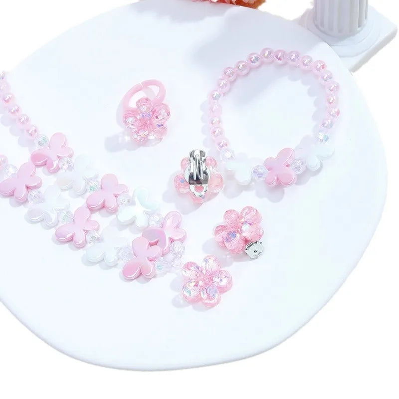 Girls' 5-Piece Jewelry: Flower Pendant, Earrings, Ring, Beaded Necklace & Bracelet, Cute Versatile Kids' Accessories