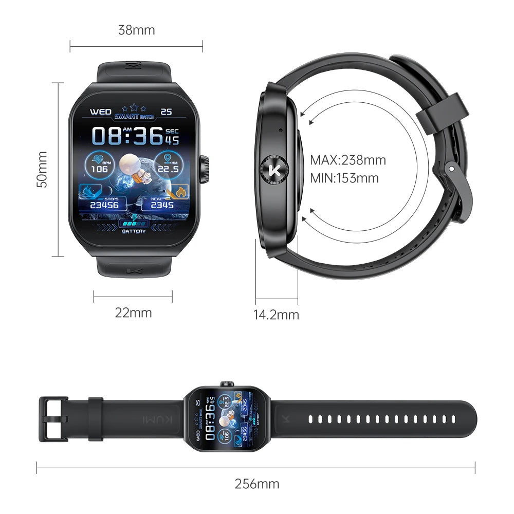 KUMI KU7 Smartwatches 1.96" Amoled Screen 100+Sport Modes NFC IP68 Waterproof  Bluetooth Call Health Sleep Monitoring SOS