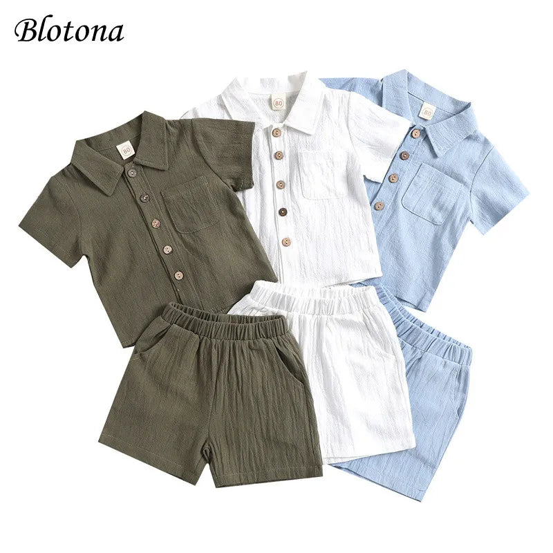 Blotona 2 uds conjunto para niños pequeños, camisa de manga corta con solapa de Color sólido para niños pequeños, Tops + Pantalones cortos de cintura elástica