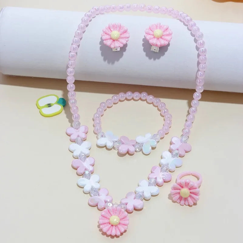 Girls' 5-Piece Jewelry: Flower Pendant, Earrings, Ring, Beaded Necklace & Bracelet, Cute Versatile Kids' Accessories