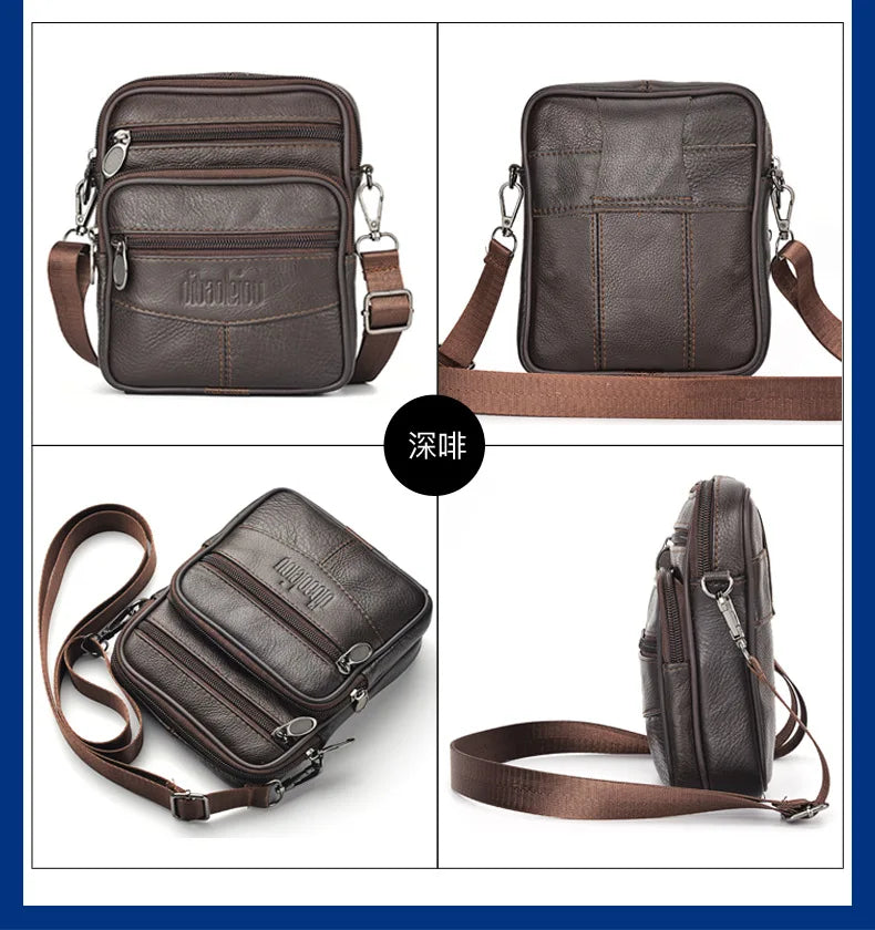 Men’s Genuine Leather Crossbody Bag,Double Zipper Small Shoulder Bag,Compact Multi-Pocket Sling Bag for Everyday Carry