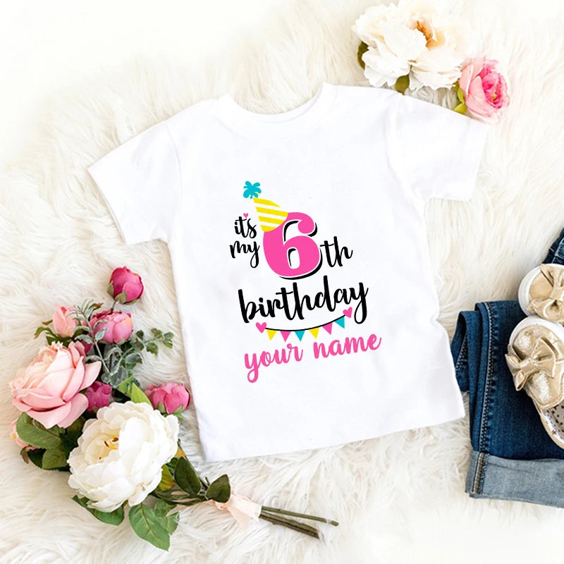 Camiseta personalizada de dibujos animados de cumpleaños para niña, camiseta número 1, 2, 3, 4, 5, 6, 7, 8, ropa gráfica para niños, trajes de fiesta de cumpleaños