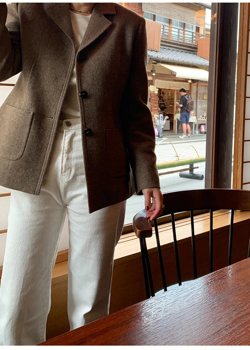 50 Wool Women Notched Collar Blazer Jacket Coat Fall Winter Thick Warm Overcoat Pocket Fashion Slim Waist Buttons Coat 2024 New