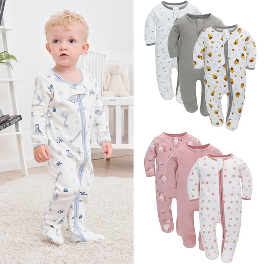 Newborn Footed Pajamas Zipper Girl and Boy Romper Long Sleeve Jumpsuit Cotton Solid White Fashion 0-12 Months Baby Clothes