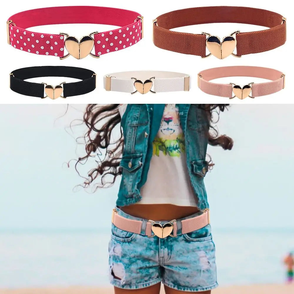 Children Stretch Belts Girls Multicolor Adjustable Elastic Waist Belts with Heart Shape Buckle Waistband Accessories