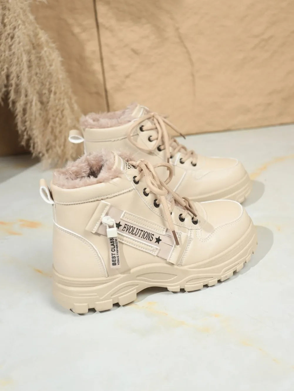 Women's Winter Snow Boots Warm Plush Lined Lace Up Chunky Platform Sneaker Booties Side Zipper Outdoor Walking Shoes for Ladies