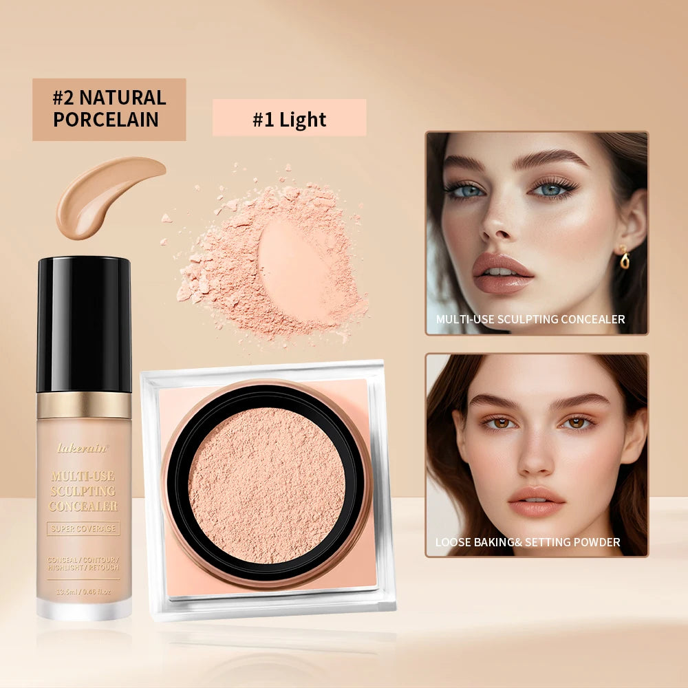 2pcs Face Makeup Set With Concealer And Loose Setting Powder Natural Face Smooth Matte Finish Women Cosmetics Korean Makeup