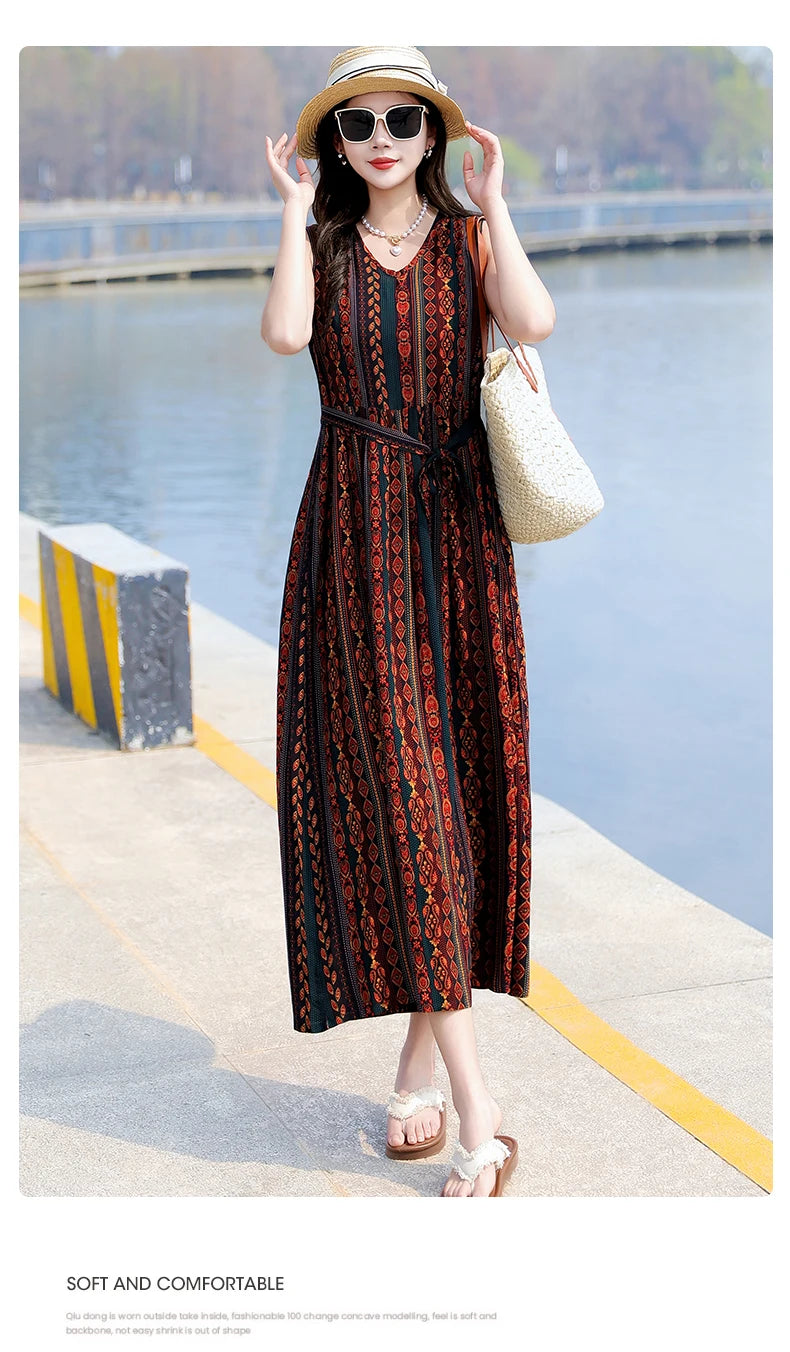 Spring Summer Dresses Fashion Female Sleeveless printed Casual Dress Women A-line Dresses Vestidos