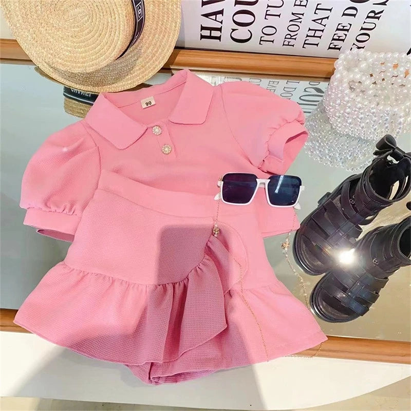 Girls Clothes Sets Summer Lapel Shirt+Shorts Short Sleeve Tops Children Casual Clothing Suits Toddler Girl Clothes 2Pcs 2-7Yrs