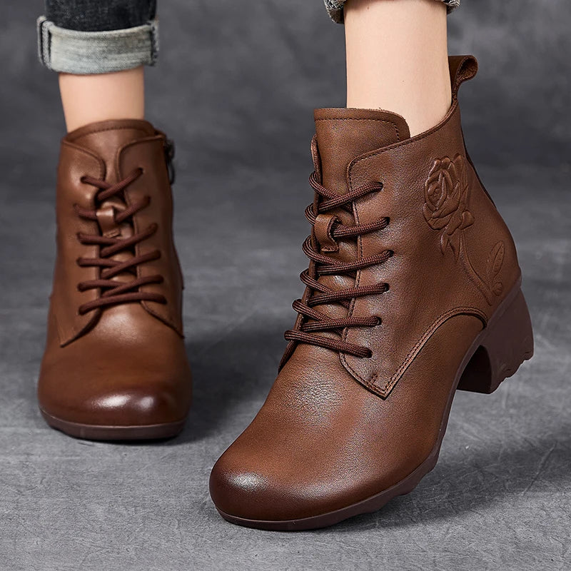 GKTINOO Spring Autumn Women Boots Genuine Leather High Heels Ankle Boots For Women Shoes Retro Handmade Zipper Short Boots