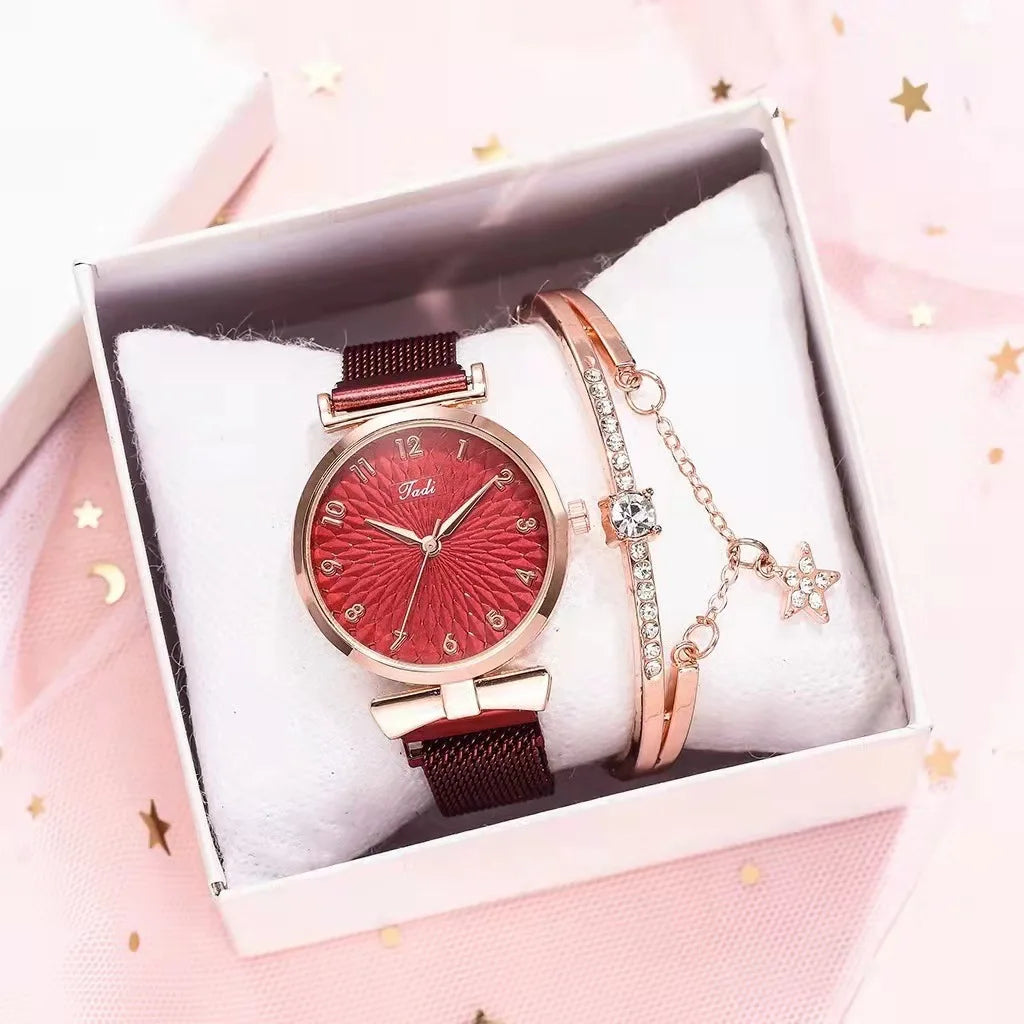 Fashion Women Watches Luxury Leather Buckle Flower Rhinestone Watch Ladies Quartz Wrist Watch Bracelet Set Reloj Mujer