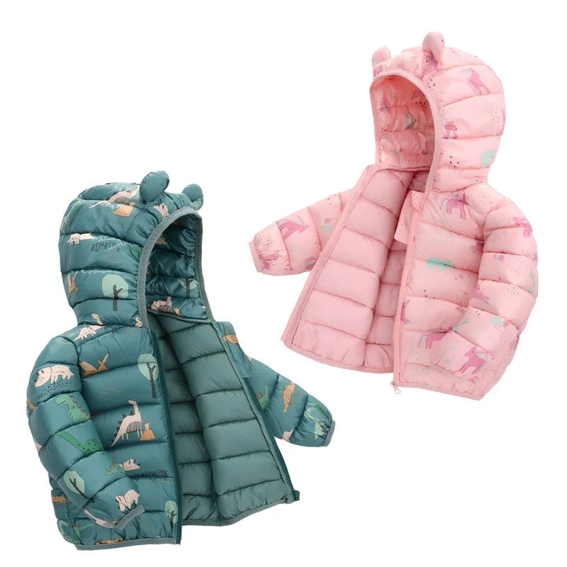 Abrigos de plumas para bebés y niñas, chaquetas con estampado de dinosaurios de dibujos animados de manga larga, ropa de abrigo con cremallera y capucha para niños de 1 a 5 años, primavera y otoño