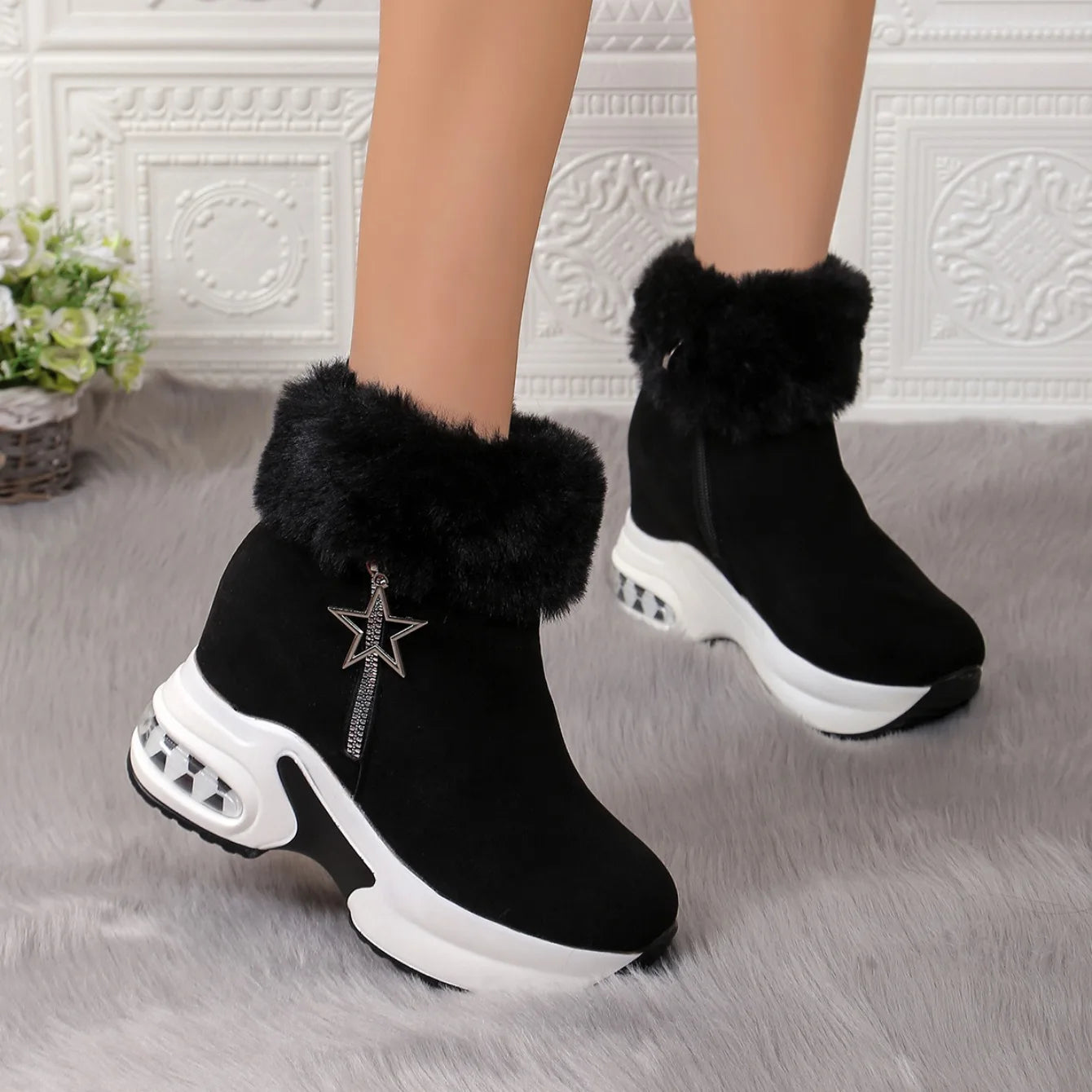 Women Boots Winter 2024 New Casual High Heels Warm Boots Thickened Fluff Wedge Shoes Fashion Outdoor Platform Snow Boots Women