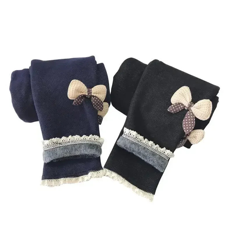 Girls Jean Pants Autumn Winter Warm Children Leggings Thicken Velvet Bowknot Kids Trousers Baby Girl Pants Icing Leggings