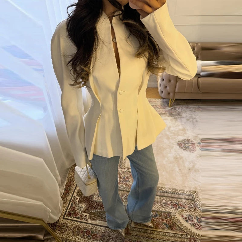 Elegant Pleated Waist Cinched Women's Jacket  Chic V Neck Single Breasted Lace Up Coat 2026 Lady Casual Slim Commute Outerwear