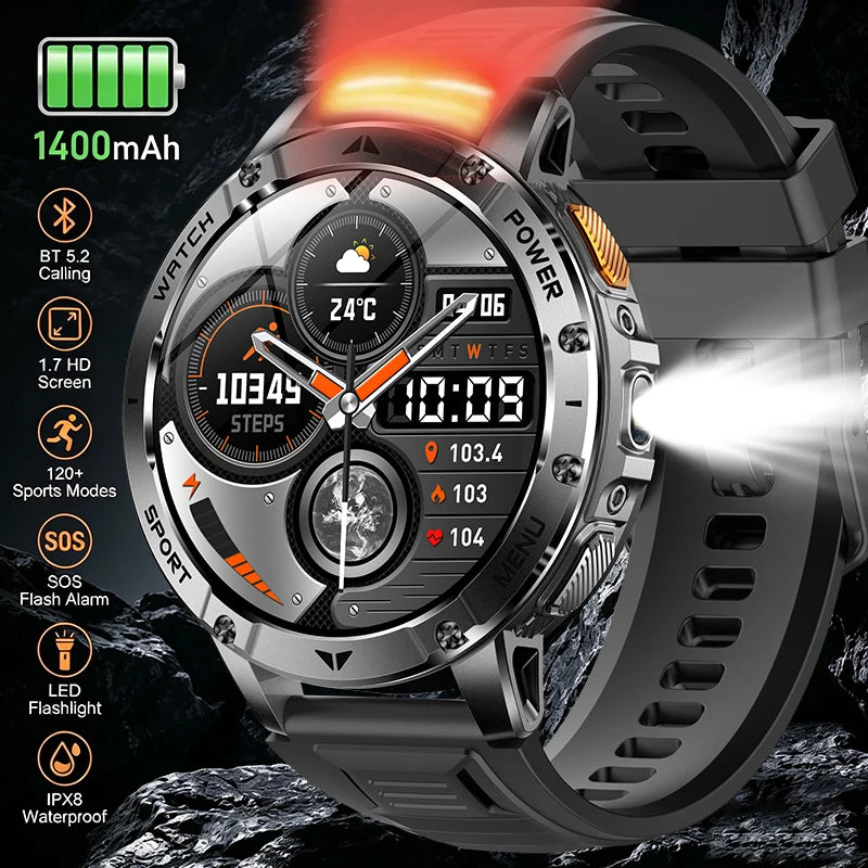 Smart Watch 1400mAh Battery 1.7'' IPS Screen 120+ Sports SOS Strobe Alarm IPX8 Waterproof LED Light BT Call Men Women Xmas Gift