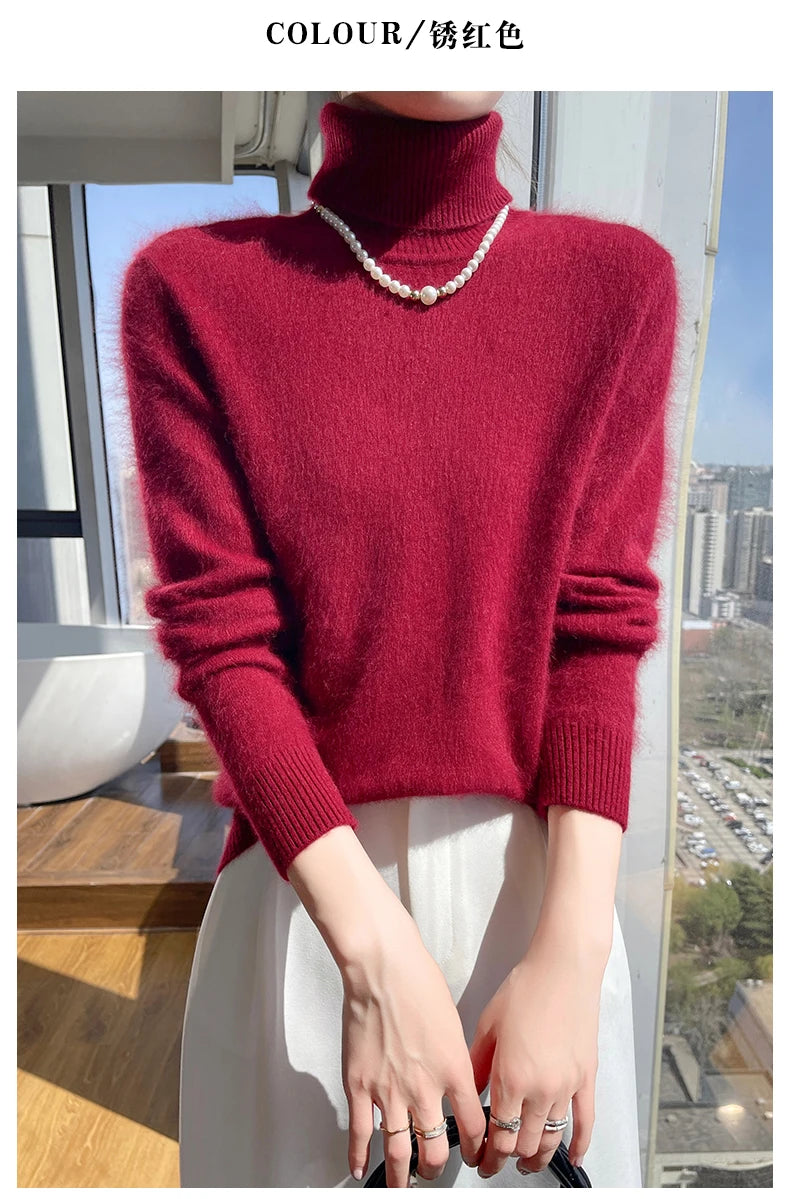 100% Mink Cashmere Top-Lapel Women Sweater Long-sleeves Fashion High-elasticity Sexy Winter Knitted Pullover Girl Tops 2024
