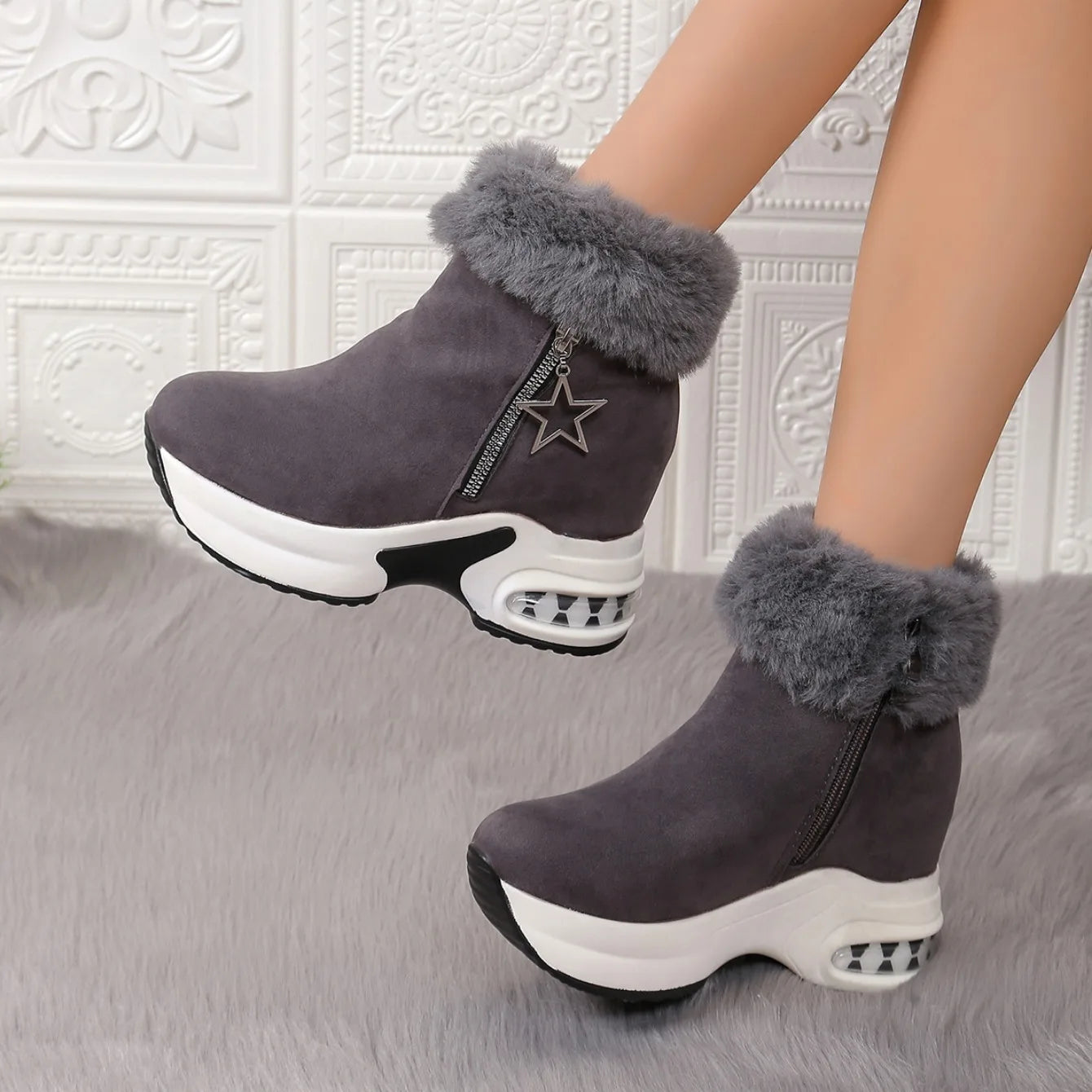 Women Boots Winter 2024 New Casual High Heels Warm Boots Thickened Fluff Wedge Shoes Fashion Outdoor Platform Snow Boots Women