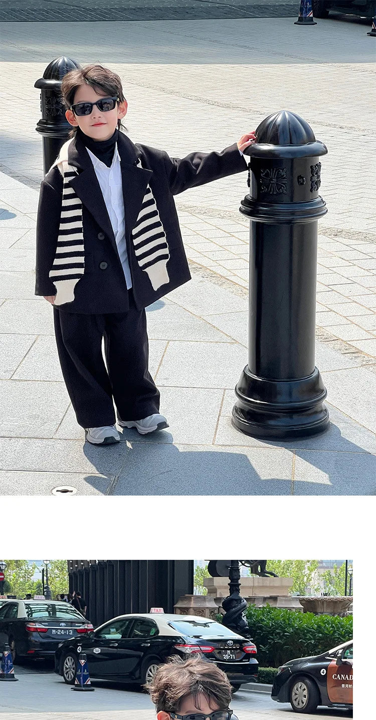 Boys Woolen Suit Set Autumn Winter Thicken Warm Casual Blazers Trousers Two-piece Children White Wedding Outfits 2 To 12 Years