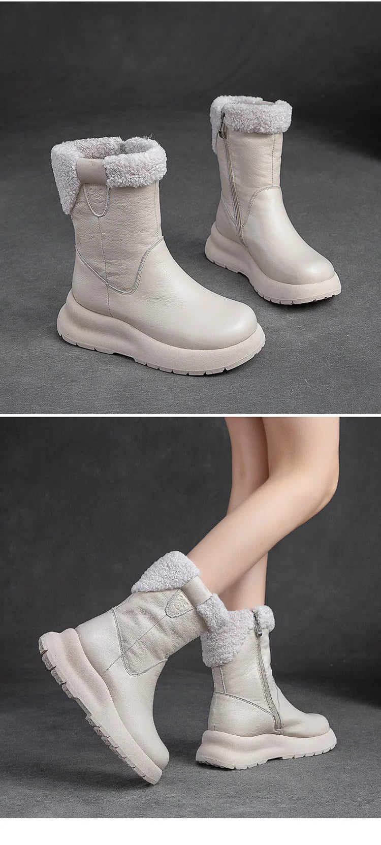 Koznoy 5cm Natural Genuine Leather Chunky Cow Spring Rubber Ankle Boots Soft Soled Winter Plush Flats Booties Autumn Women Shoes