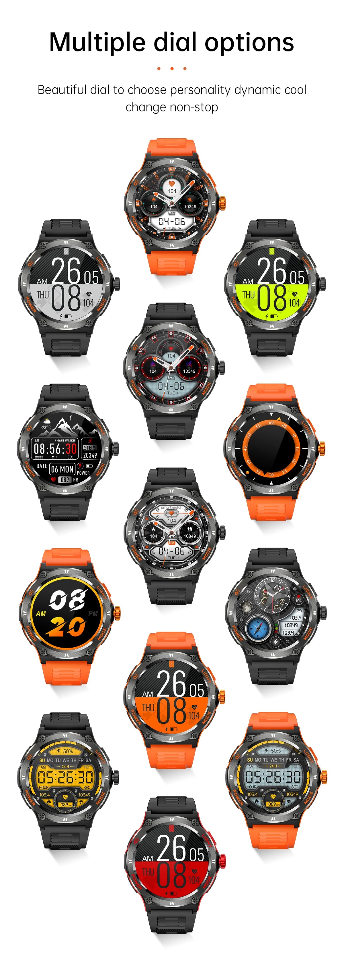 Hot Outdoor Military Smart Watch Men LED Strong Light AMOLED Screen Heart Rate Compass Bluetooth Call 3ATM Waterproof Smartwatch