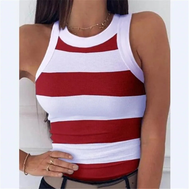 Women's Clothing Tops Tanks Camis Digital Printed Round Neck I-Shaped Vest Sexy Summer Striped Sleeveless Vest for Women Vests