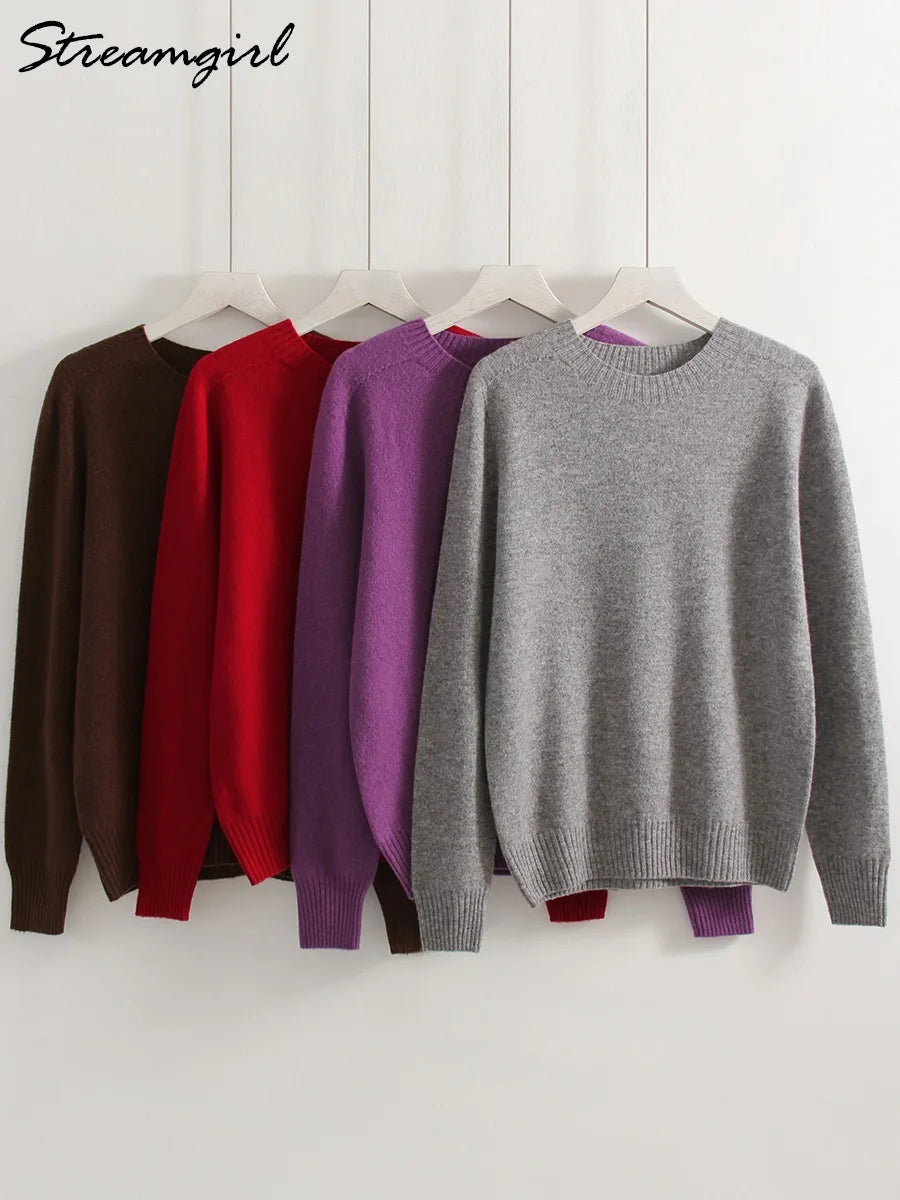 Women Cashmere Sweaters Burgundy O Neck Warm Knitted Brown Pullover Jumper Autumn Winter Wool Sweater Woman Purple Knit Top