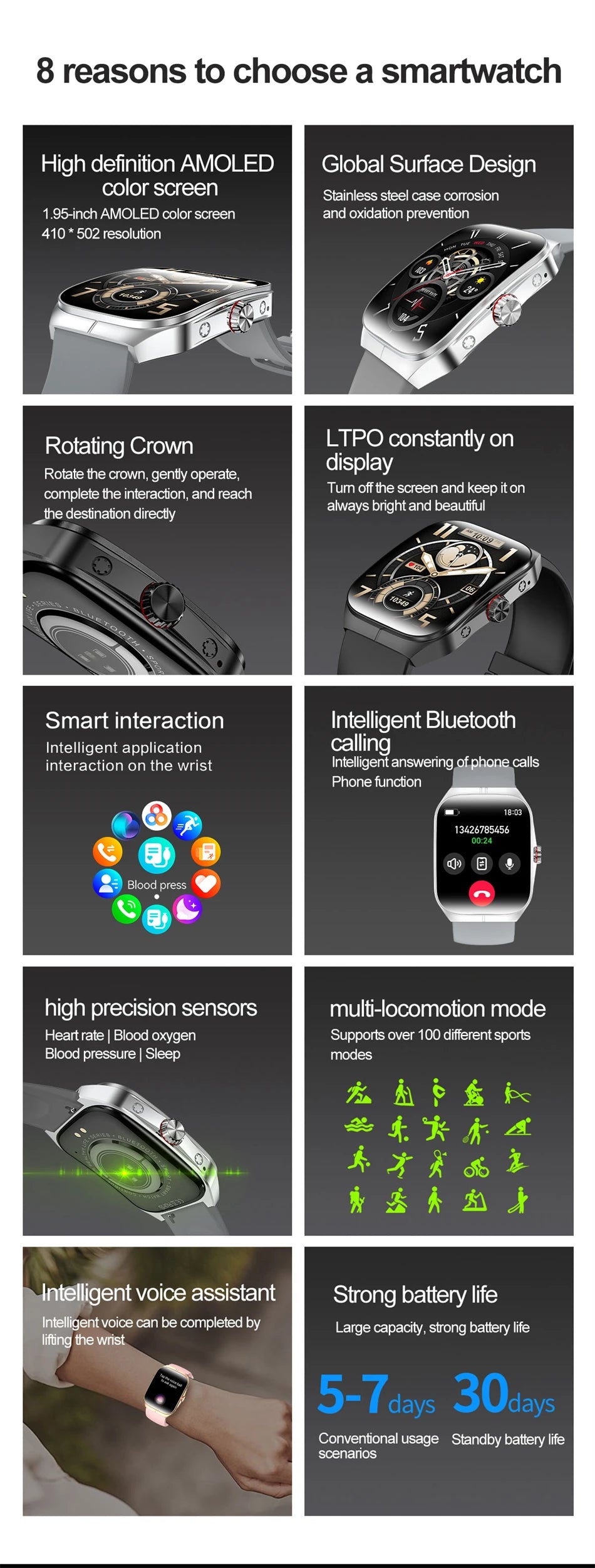 Smart Watch 1.95''AMOLED Curved Display BT Call NFCHeart Rate Monitor Multi-Sport Modes Fitness Tracker Smartwatch for Men Women