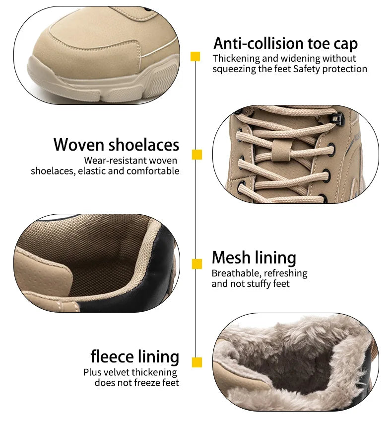 Winter Plush Work Boots For Men Ankle Anti-smash Anti-puncture Safety Shoes Steel Toe Protective Male Footwear Indestructible