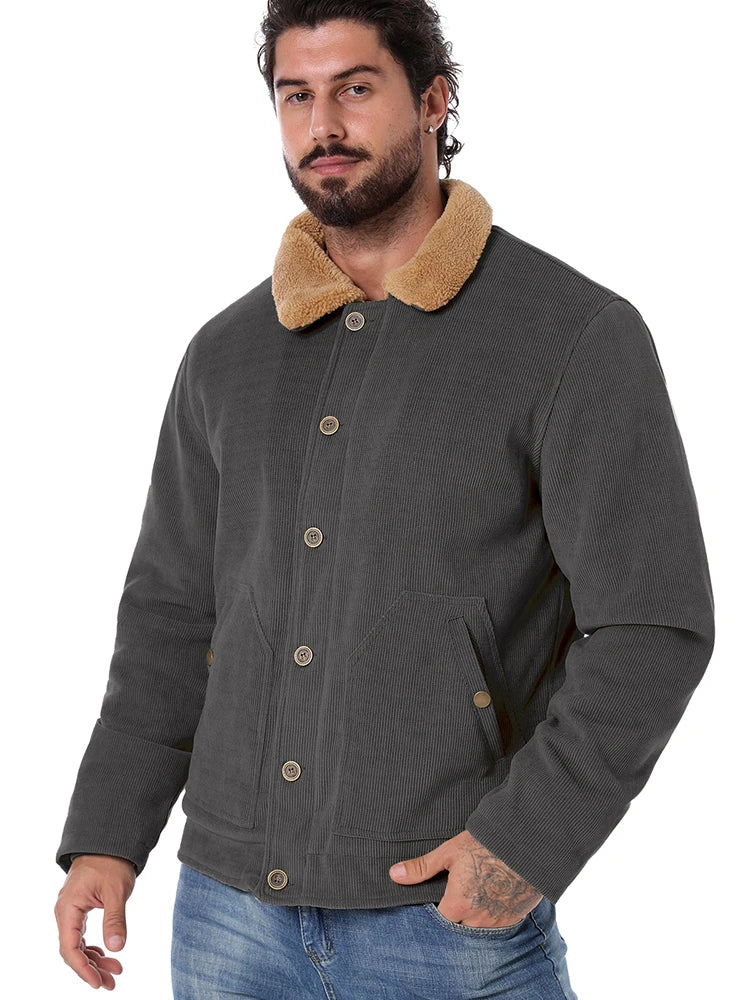 Men's Winter Corduroy Jacket Fleece Warm  Lined Cargo Work Jacket Casual Thick Sherpa Collar Trucker Deck Navy Coats