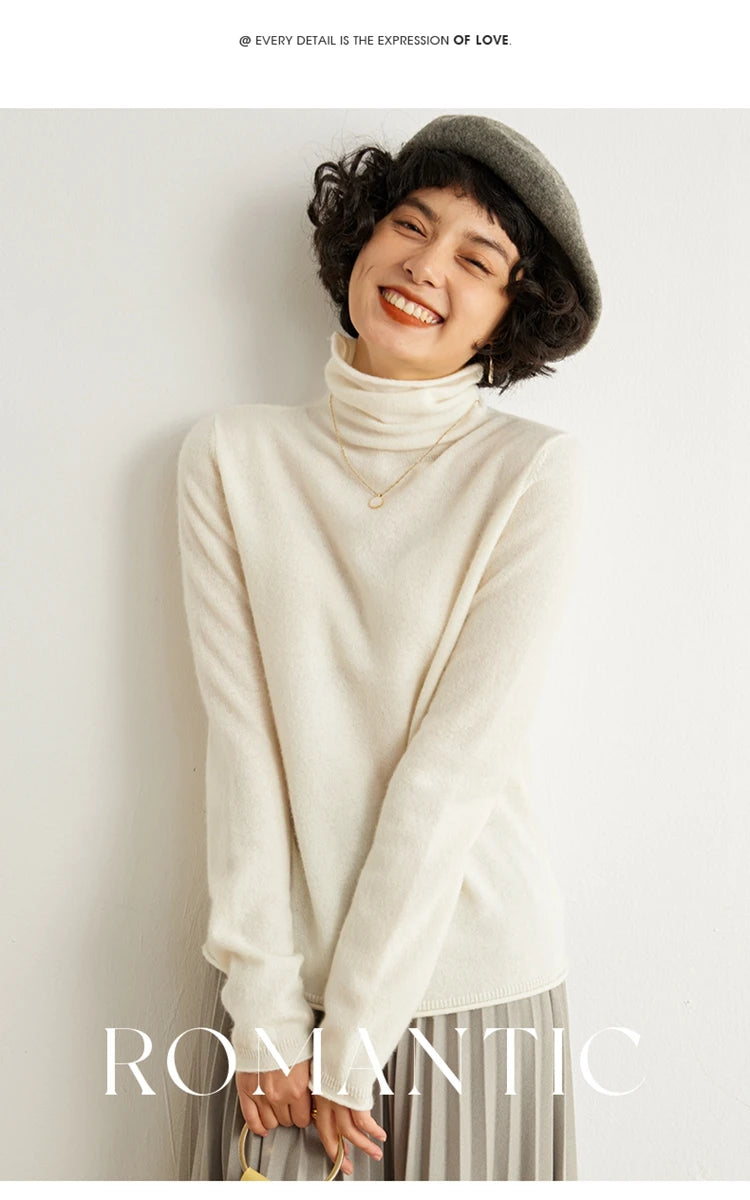 Women's 100% Cashmere Sweater Casual Solid Color Knitted Pullover Loose High Neck Jumper Autumn/Winter Warm Blouse Tops