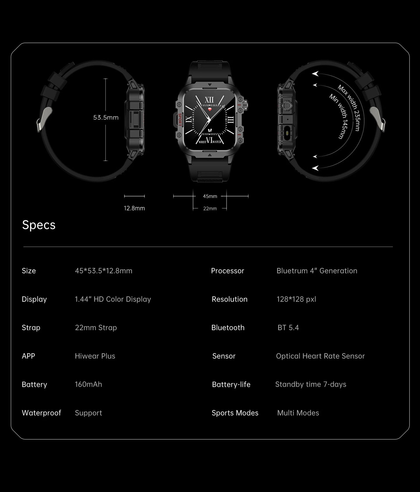 2026 New Military Smart Watch Men IP67 3ATM Outdoor Sports Fitness Tracker Health Monitor 1.44Inch BT Call Smartwatch
