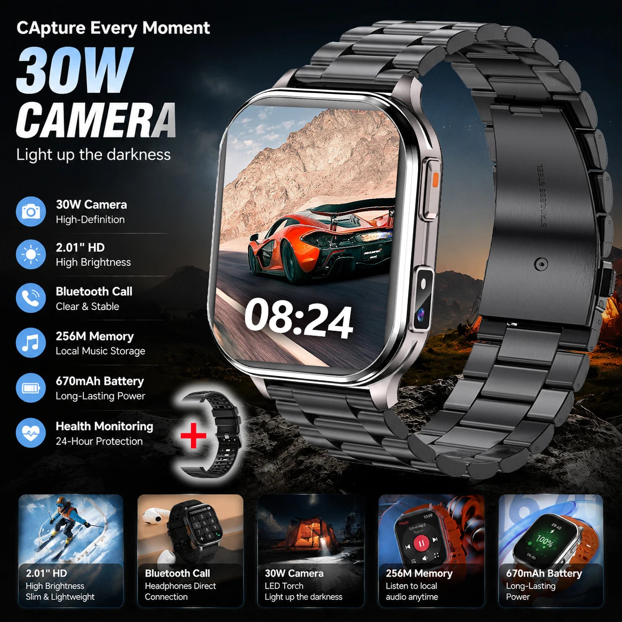 Outdoor Smart Sports Watches 2.01" 30W Camera Take Photo Video Recording Music BT Call Health Sports Mode Waterproof Smart Watch