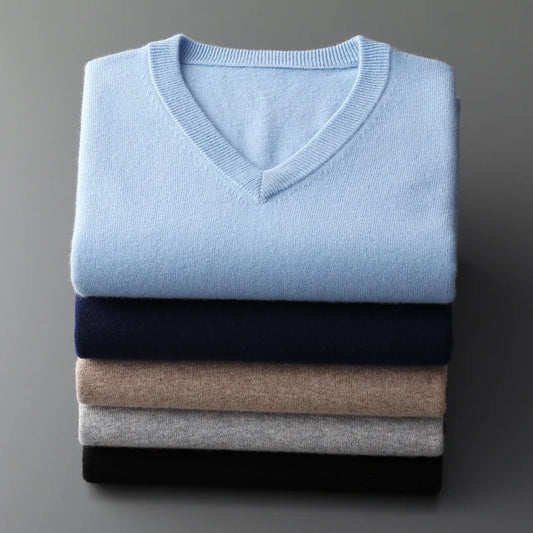 Cashmere Cotton Blend Classic V-neck Knitted Sweater Men Pullover 2024 Autumn Winter Soft Warm Business Casual Jumper pull homme