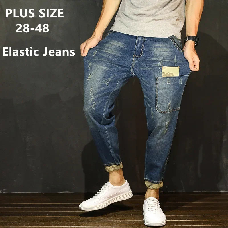 Black Jeans Men Denim Blue Jean Distressed Boys Jogger Pants Hip Hop Harem Stretch Male Teenager Trousers Plus Size 42 44 46 48