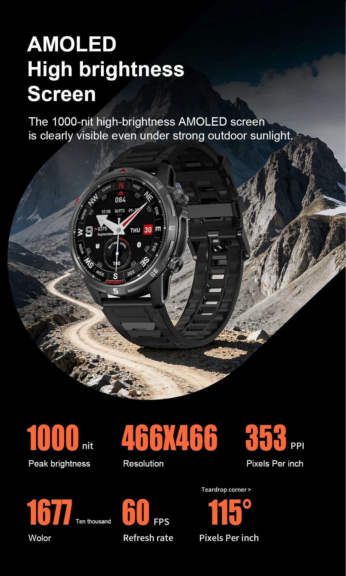 New Outdoor Smart Watch 1.43inch Screen 2GB Memory Map Navigation GPS Positioning 5ATM Waterproof LED Flashlight Smart Watch