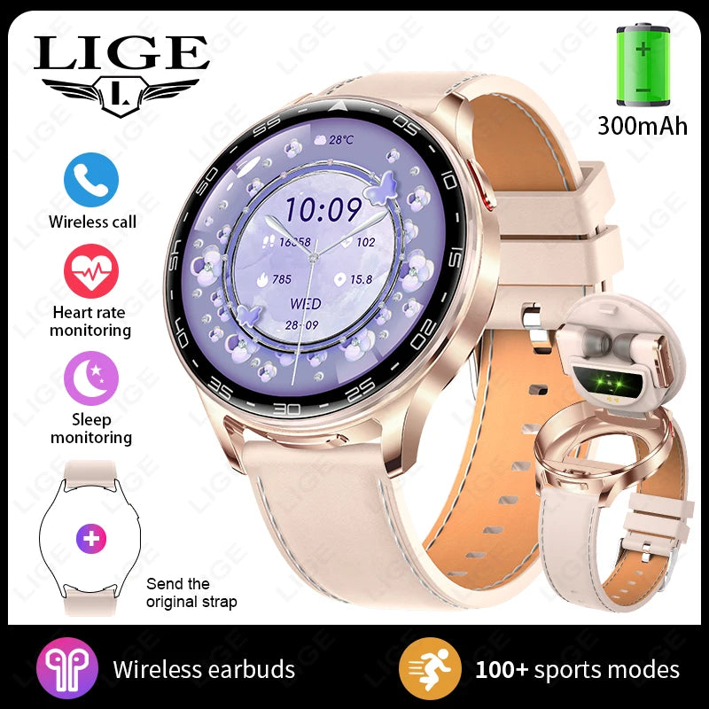 LIGE 2 In 1 TWS Headset Smart Watch 1.39" Women Men Sport Fitness Heart Rate Health Tracker Watches Earphone Music Smartwatch
