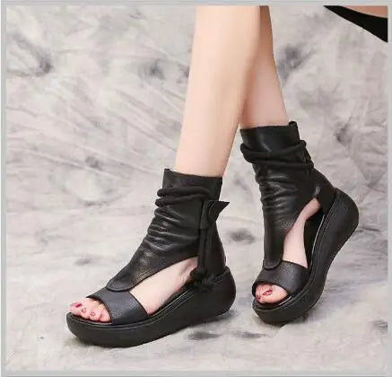 GKTINOO 2026 New Summer Black Women Leather Sandals Cool Boots Platform Shoes Wedges Sandals Women Shoes Fashion Outdoor Sandals