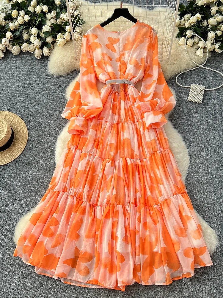 Spring Summer Women's Long Sleeved Printed Large Swing Dress New French Fashion Beach Style Cinched Round Neck Long Dress Y01