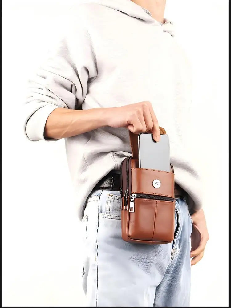 Men's Leather Waist Bag - Large Capacity Mobile Phone Belt Bag - Outdoor Work Backpack, Sports Hiking Bag Portable Crossbody Bag
