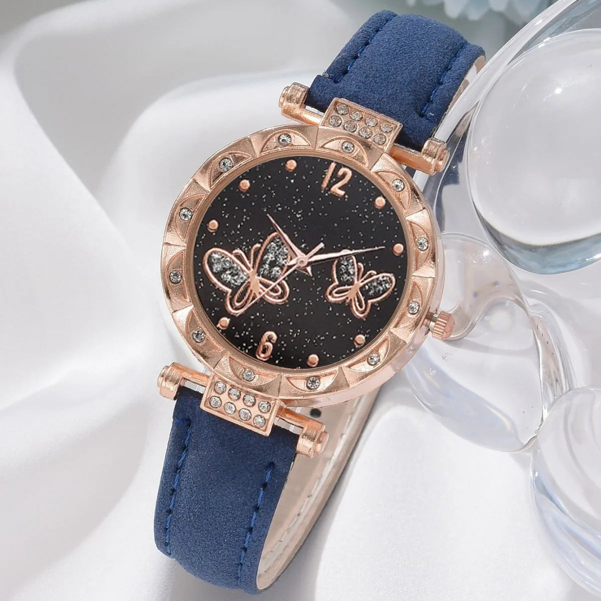 Female Clock Butterfly Dial Watches for Women 5pcs Set Women Quartz Watch Luxury Brand Design Simple Ladies Wristwatch Earrings