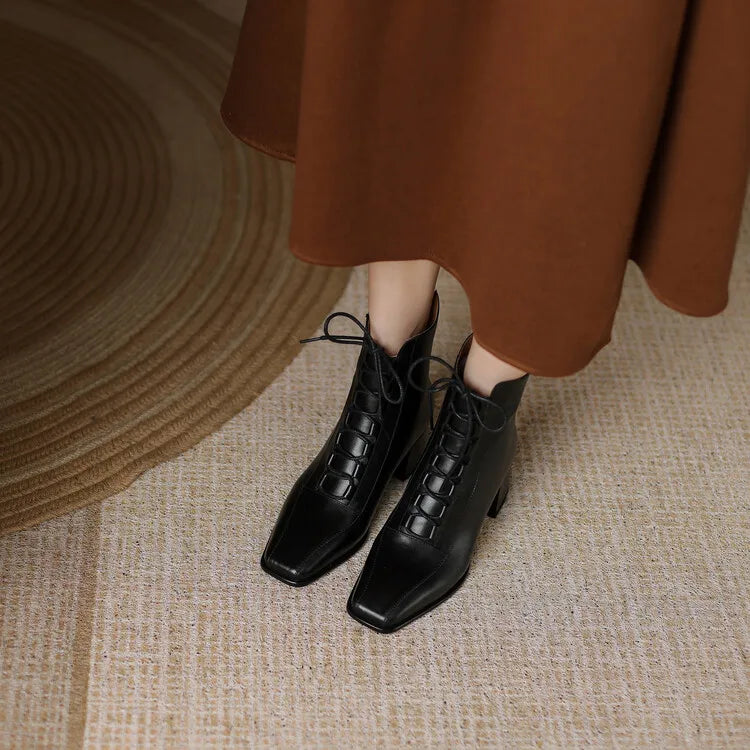 2022 Autumn Women Boots Square Toe Back Zipper Women Shoes Chunky Heels Shoes for Women High Heel Boots Vintage Leather Shoes