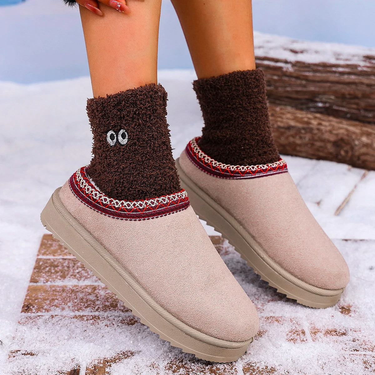2026 Winter Women Snow Boots Cashmere Warm Thick Soles Without Heel-covered Hair Half Slipper Cotton Shoes Cashmere Warm Boots