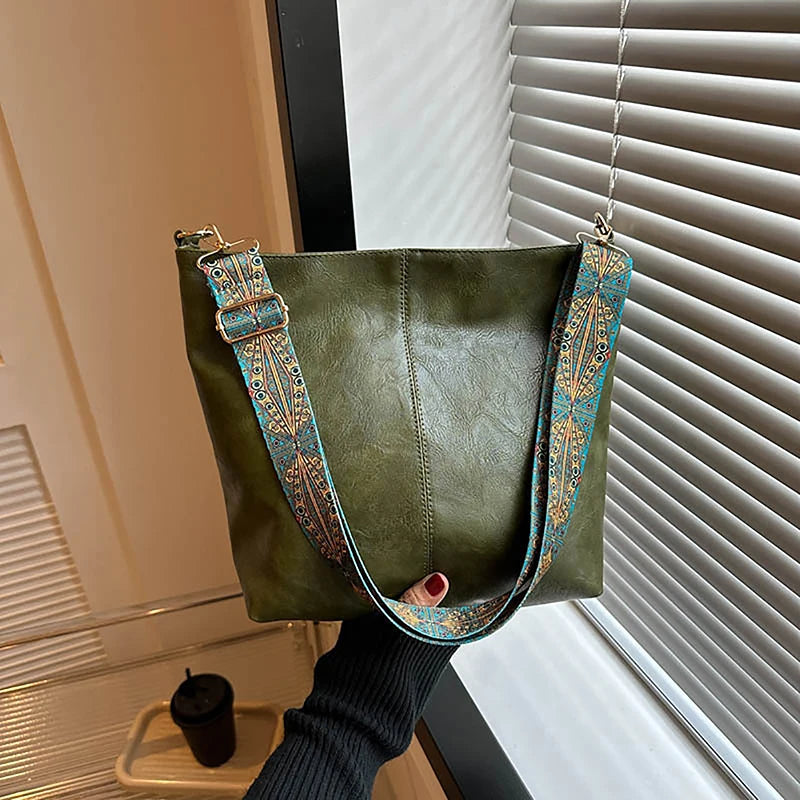 Antique Single Color Feminine Shoulder Sling Bag; Spacious, Simple, Wide Strap Bucket Crossbody Bag