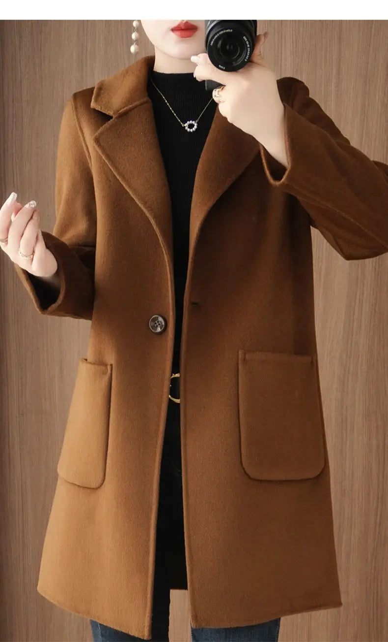 100% Pure Wool Double-Sided Cashmere Jacket Women Overcoat  Autumn Winter New Mid-Length One-Button Slim Wool Windbreakers coat
