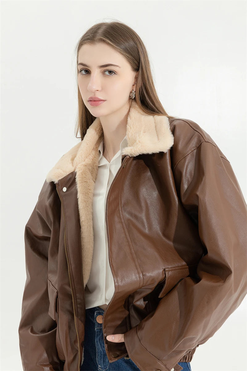 Winter Women's Fur Leather Jacket Long Sleeved Loose Warm Lamb Wool Vintage Thickened Locomotive Lapel Female PU Motorcycle Coat