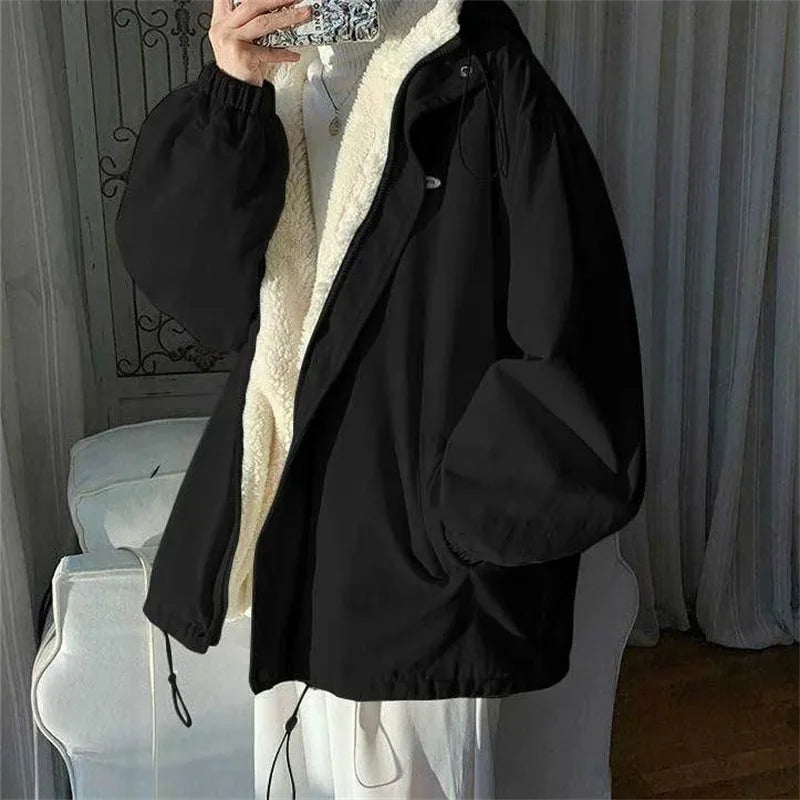 Lamb wool Jacket Women's 2025 Autumn winter New Korean version Loose Workwear Student cotton Jackets Female Hooded Warm Coat